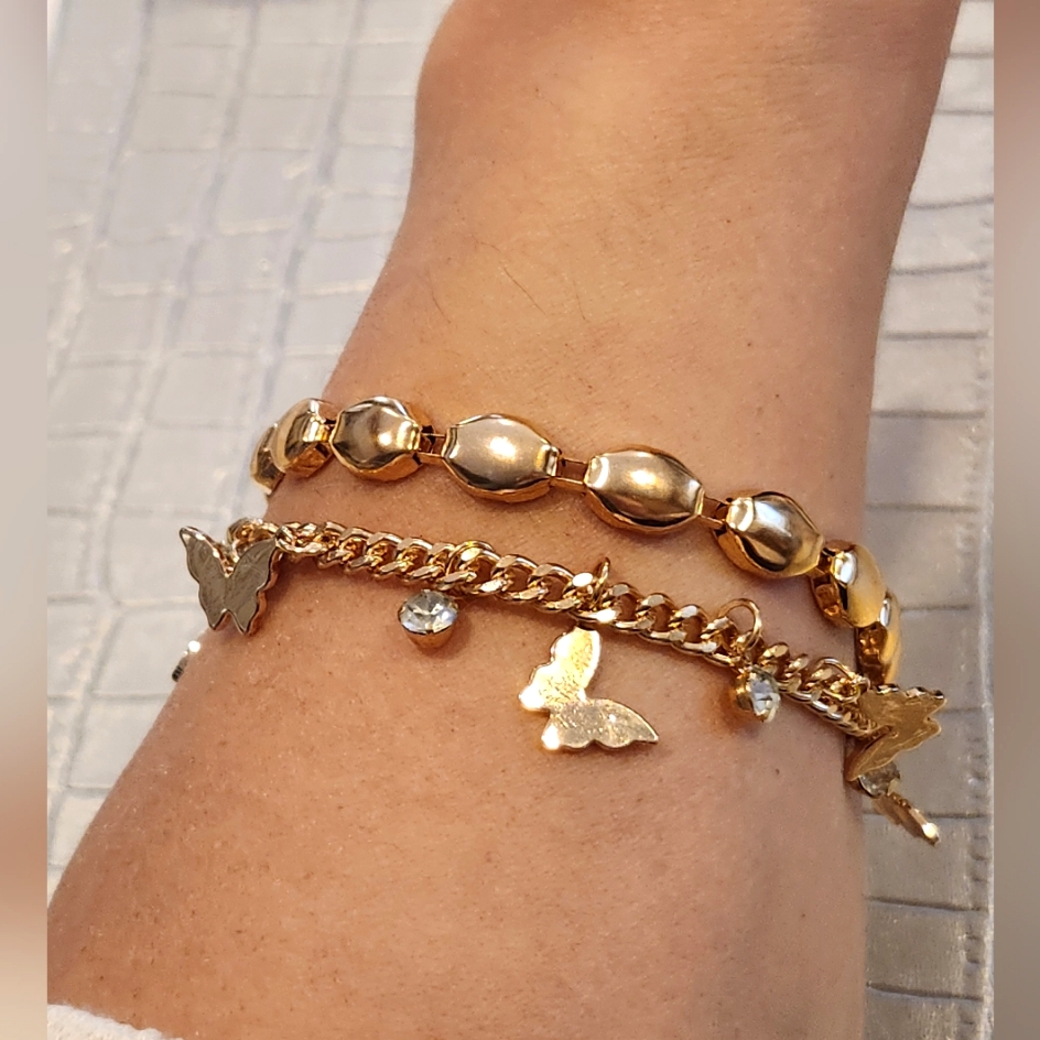 2 Pcs Vintage Charm Braslets Gold Color Butterfly Design Stainless Steel 20$